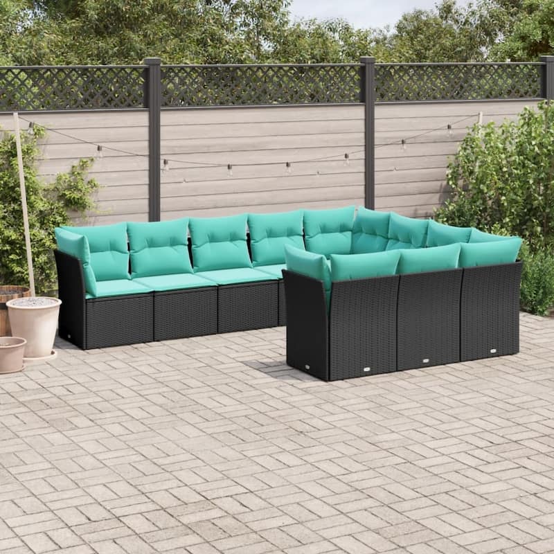 vidaXL 10 Piece Patio Sofa Set with Cushions Black Poly Rattan - Black - 113.8x27.2x92.1-Without table