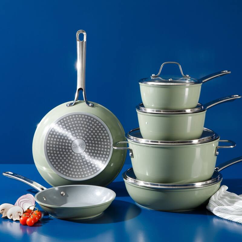 Sur La Table Kitchen Essentials 10 Piece PFA Free Titanium Ceramic Nonstick Interior Forged Aluminum Cookware Pots and Pans Set