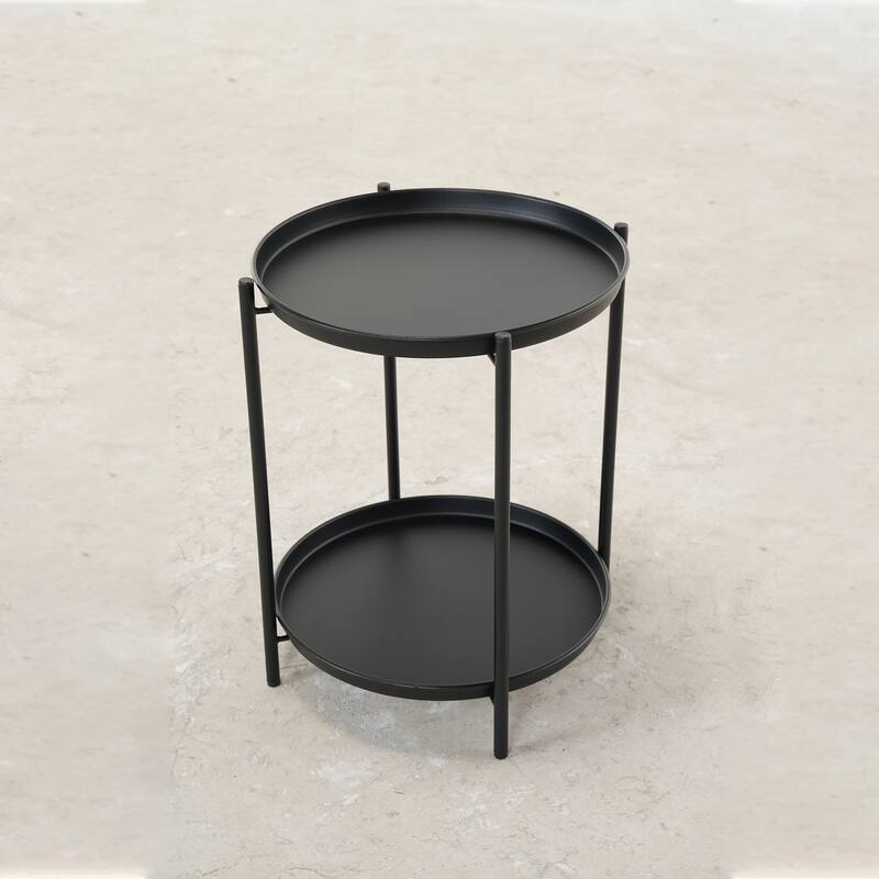 Clihome 2-Tier Metal Patio Side Table, Weather Resistant Outdoor Round End Table