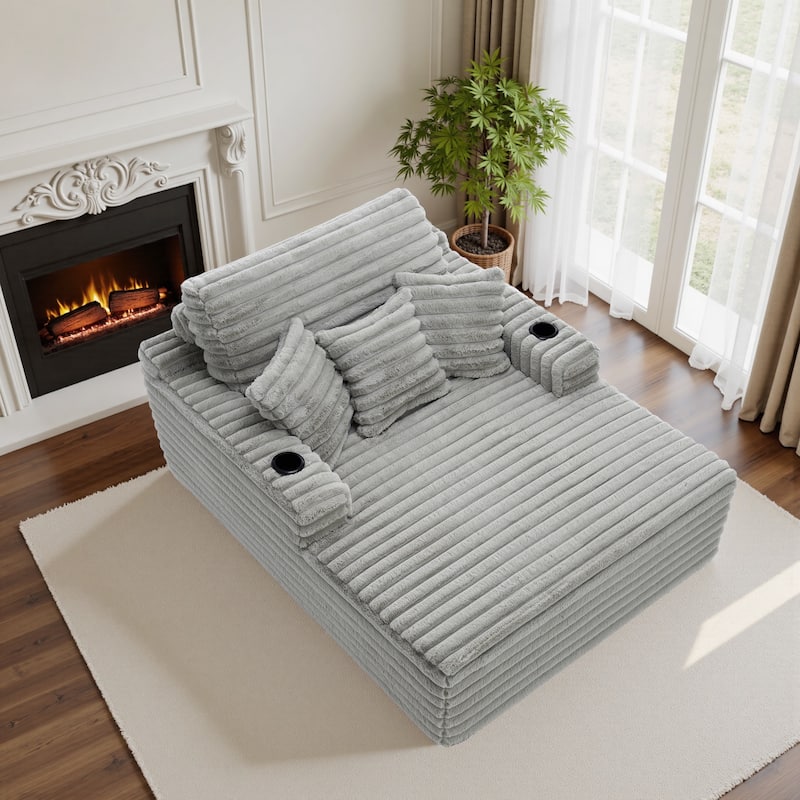 Indoor Oversized Plush Chaise Lounge with Pillows and Cup Holder