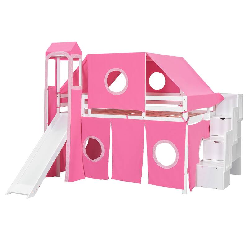 Full Loft Bed with Castle Tent & Tower and Solid Wood Frame, 400lb Capacity, Playhouse Design