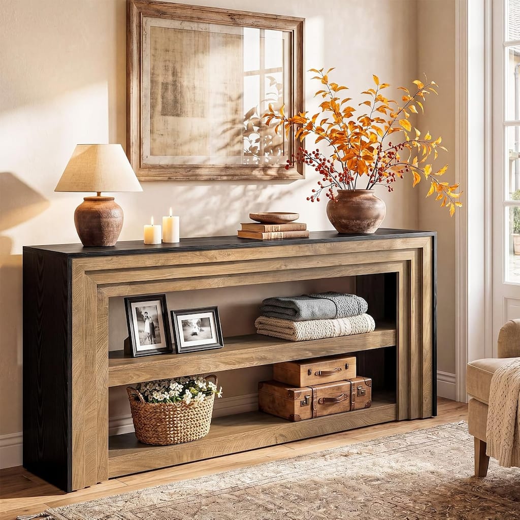 63" Long Console Table, 3-Tier Narrow Wooden Sofa Table Behind Couch, Living Room, Hallway - 63" L × 11.81" W × 32.28" H