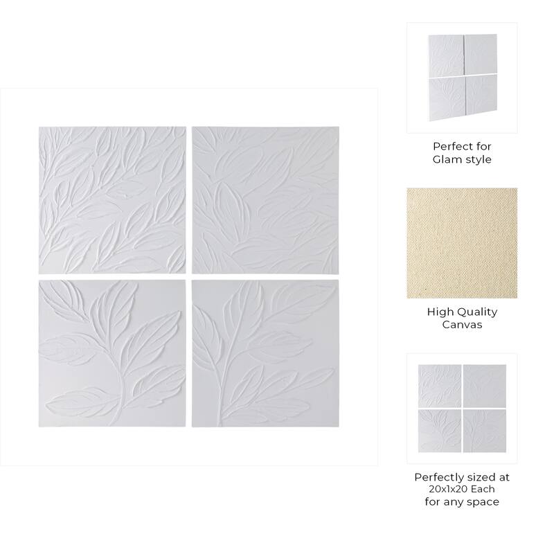 Canvas Wall Art Modern Textured Leaf Design (Set of 4) - 20" Ivory