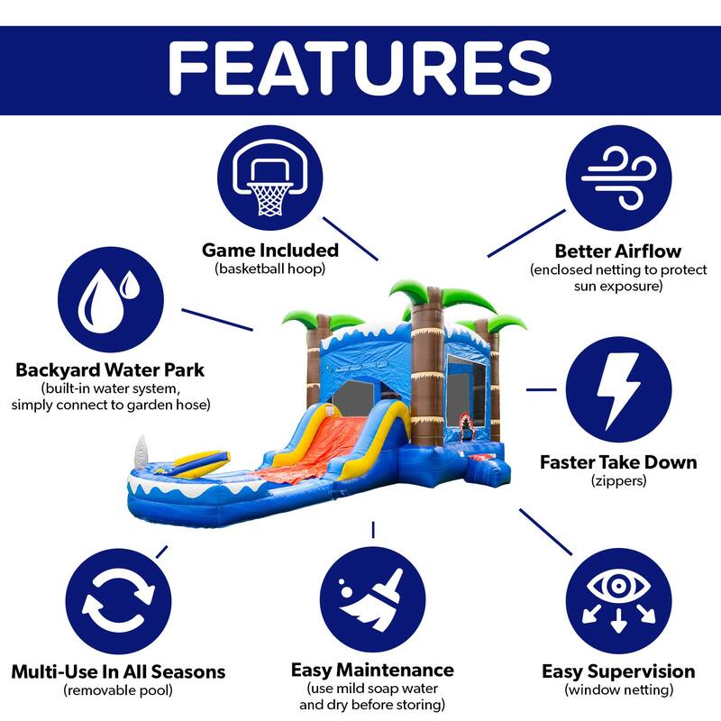 HeroKiddo 15' Ocean Shark Commercial Grade Inflatable Water Slide with Attached Splash Pool (No Blower Included), Outdoor Fun