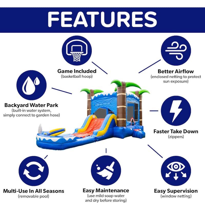 HeroKiddo 15' Ocean Shark Commercial Grade Inflatable Water Slide with Detachable Splash Pool & Air Blower for Kids and Adult
