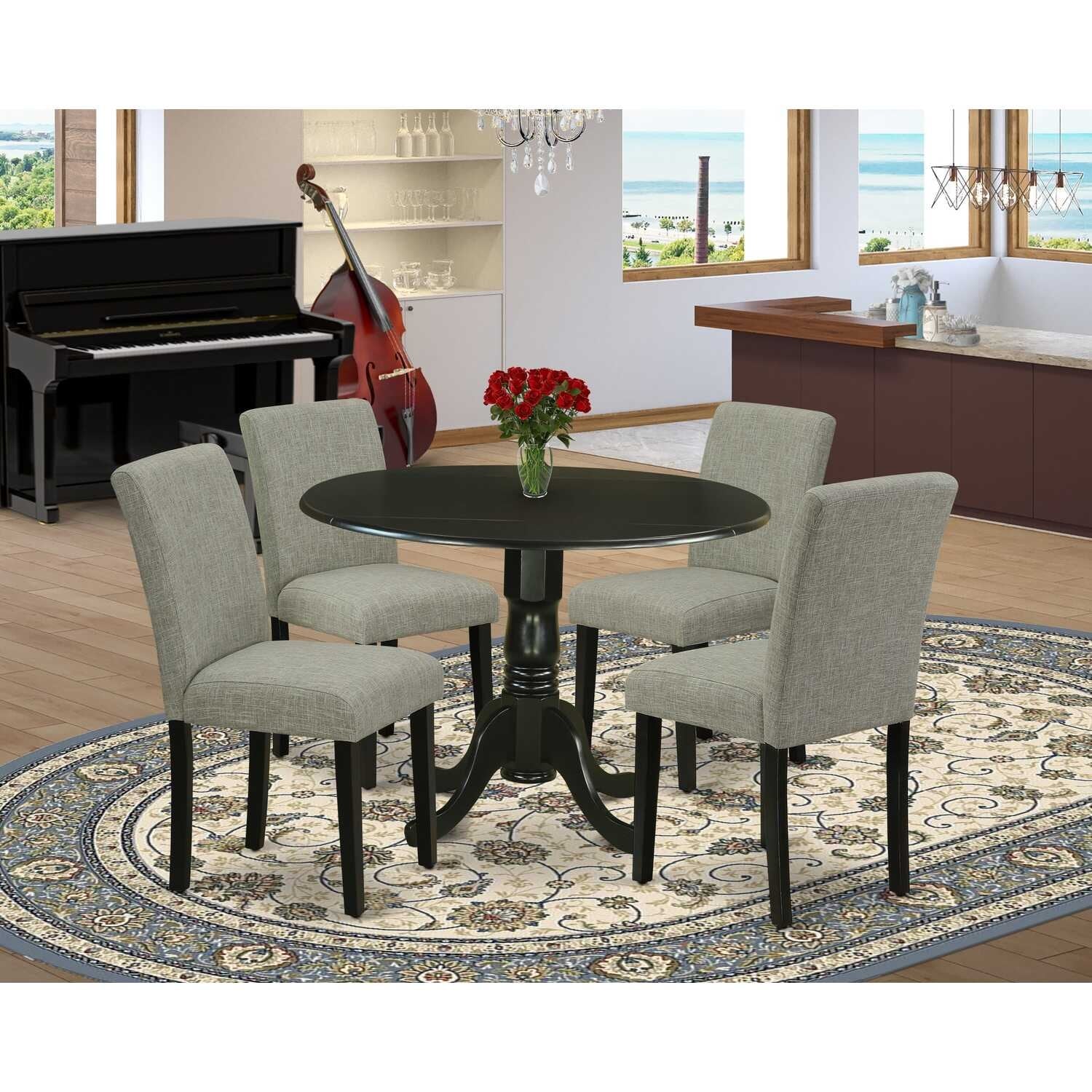 HomeStock 5-Piece Round Black Finish Solid Wood Top Dining Table with 4 Parson Chair with Drop Leaf