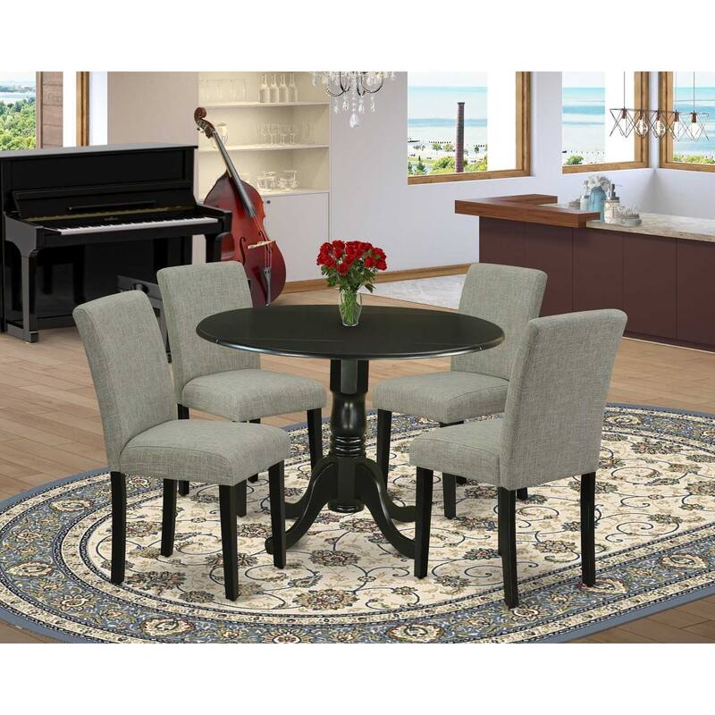 HomeStock 5-Piece Round Black Finish Solid Wood Top Dining Table with 4 Parson Chair with Drop Leaf Lattice Back