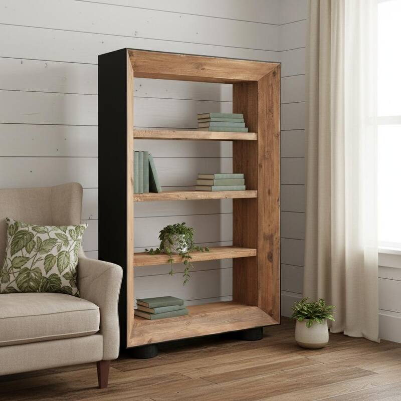 HomeRoots 72" Black And Natural Distressed Solid Wood Three Tier Bookcase - Natural/Black