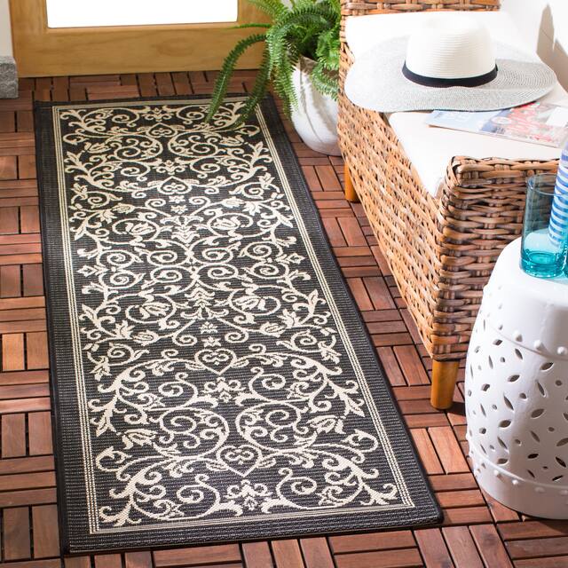 SAFAVIEH Courtyard Clarine Indoor/ Outdoor Waterproof Patio Backyard Rug - 2'3" x 6'7" Runner - Black/Sand