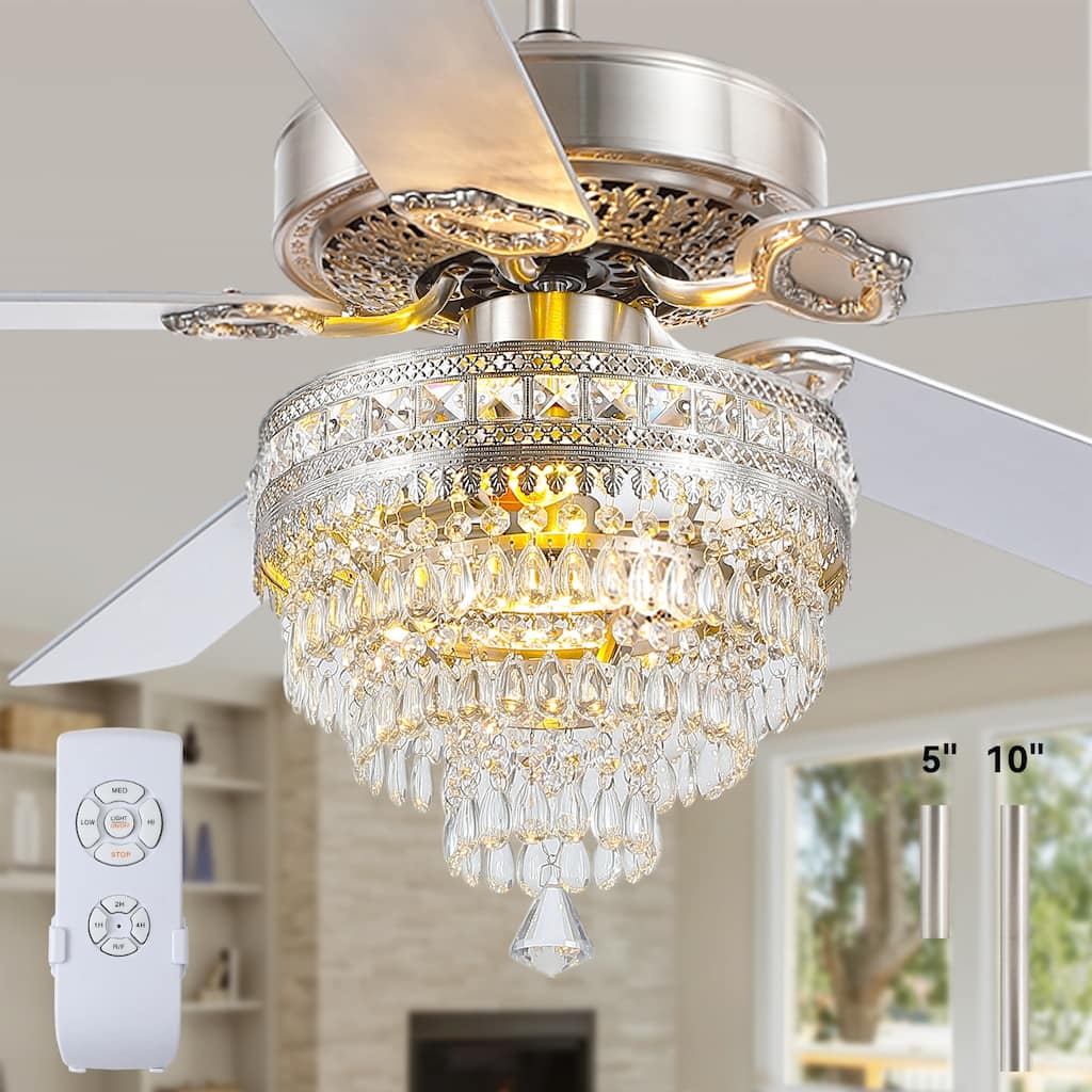 Kviflon 52"/62" Modern Crystal Chandelier Ceiling Fan Light,Reversible Airflow,E12 Bulbs,for Living Room Bedroom,Kitchen,Patio