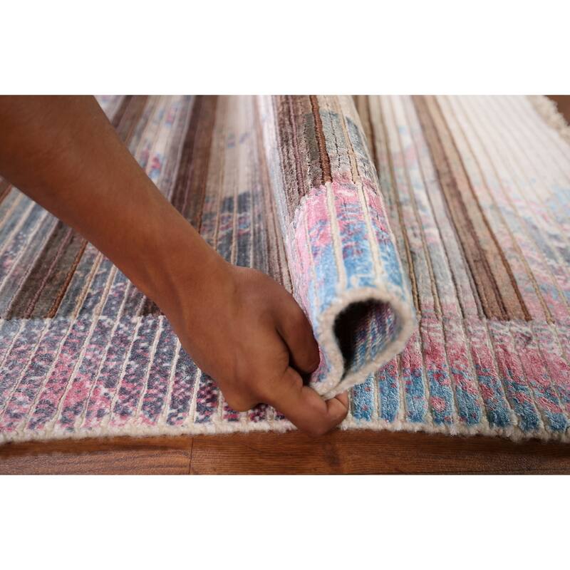 Striped Abstract Accent Rug Hand-Knotted Wool Carpet - 2'8" x 4'11"