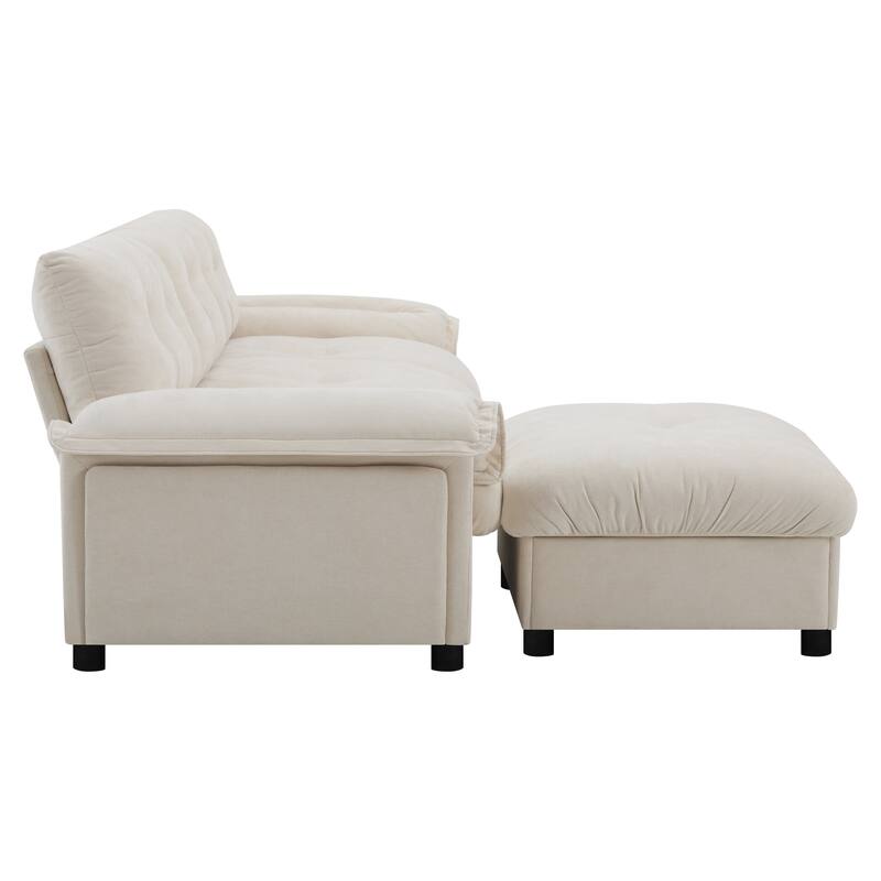 Chenille Tufted L-Shape Sectional Sofa with Storage Ottoman, Pockets and All-in-one Armrest with Dual-Port Charging, Cup Holder