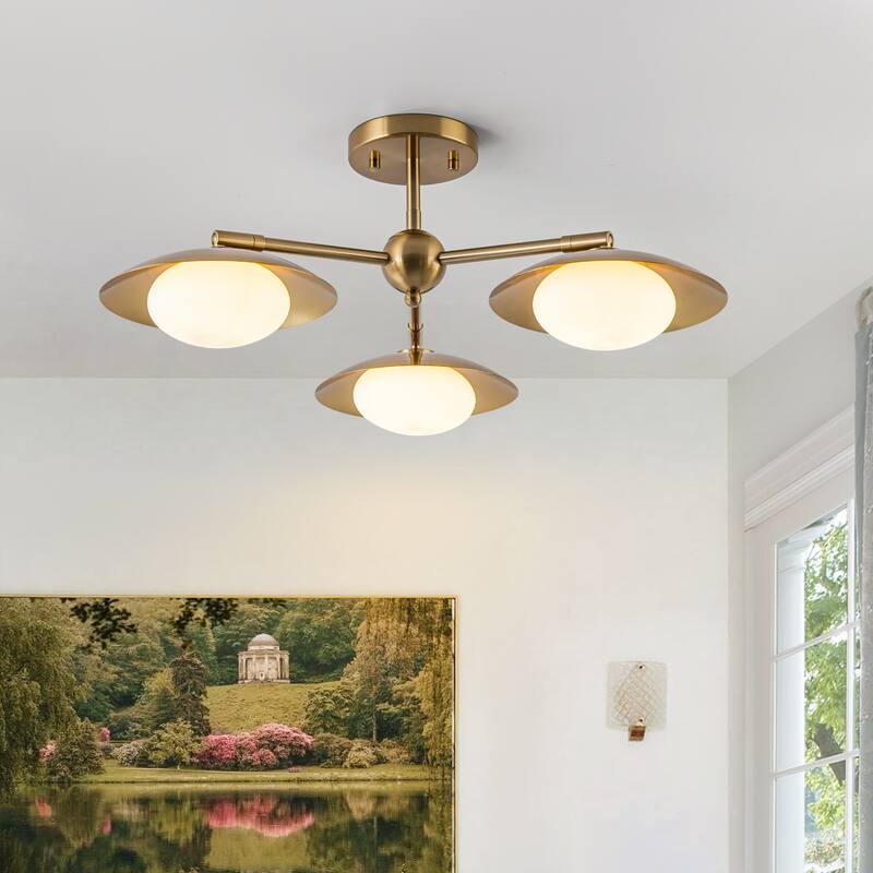 Modern Industrial 3-Light Sputnik Opal Glass Semi Flush Mount - Gold
