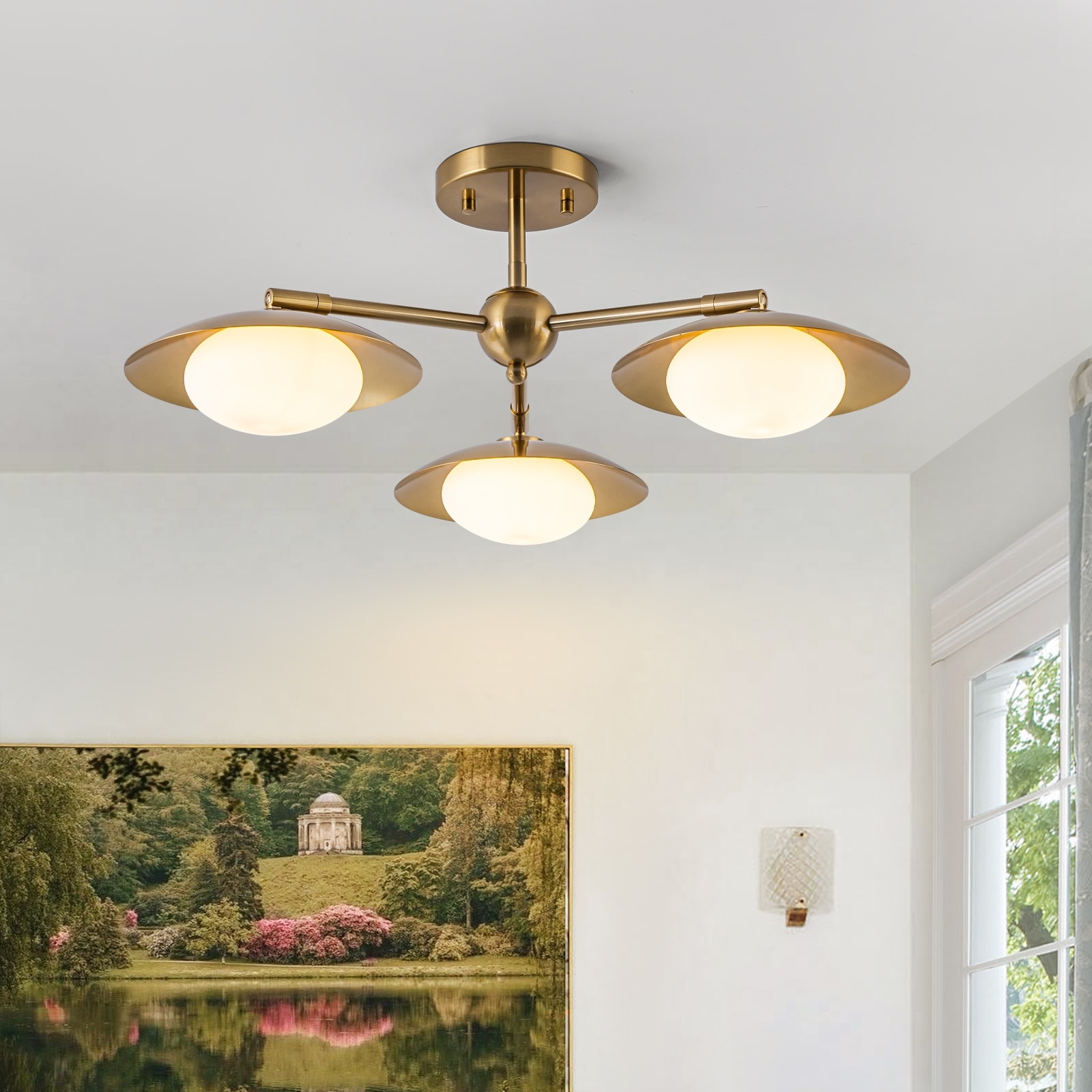 Modern Industrial 3-Light Sputnik Opal Glass Semi Flush Mount - Gold
