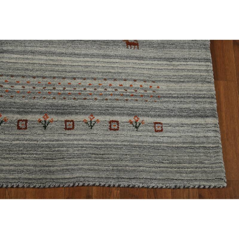 Hand Knotted Oriental 100% Wool Carpet Tribal Animal Pictorial Greys & Charcoal Gabbeh Area Rug - 8' 0'' X 5' 0''
