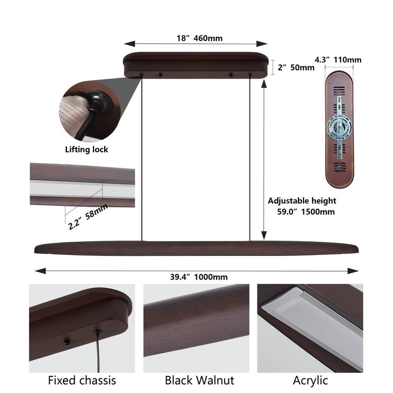 39" Streamline Wooden LED Pendant Light with Remote Control, Adjustable Hanging Light
