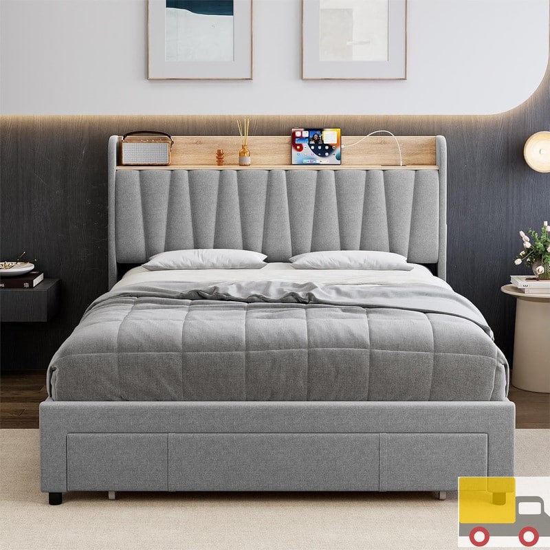 Upholstered Platform Bed with Charging Headboard, Storage Drawers