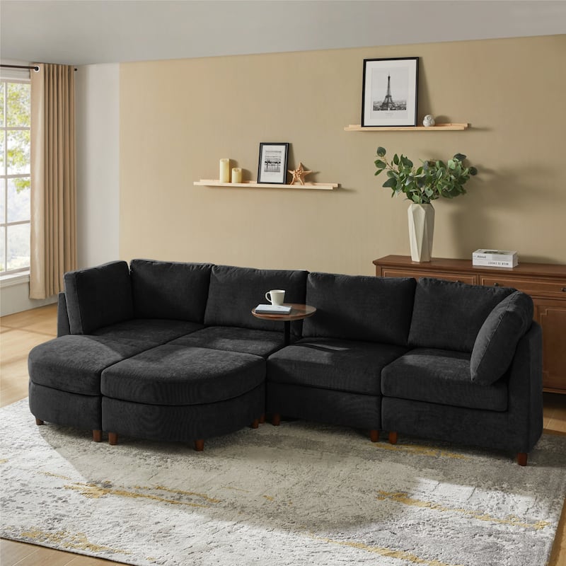 Mattia Modern Under-seat Storage Sectional Sofa with Round Table and Solid Wood Legs by HULALA HOME - Black