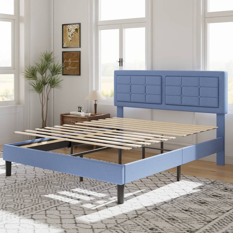 VECELO Bed Frame with Adjustable Headboard Upholstered Button Tufted Platform Bedframe with Wood Slats Support