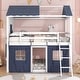 preview thumbnail 2 of 28, Full Size Bunk House Bed with Playful Windows, Tent, and Slide - Stylish & Design for Fun and Functional Bedrooms, Blue+White