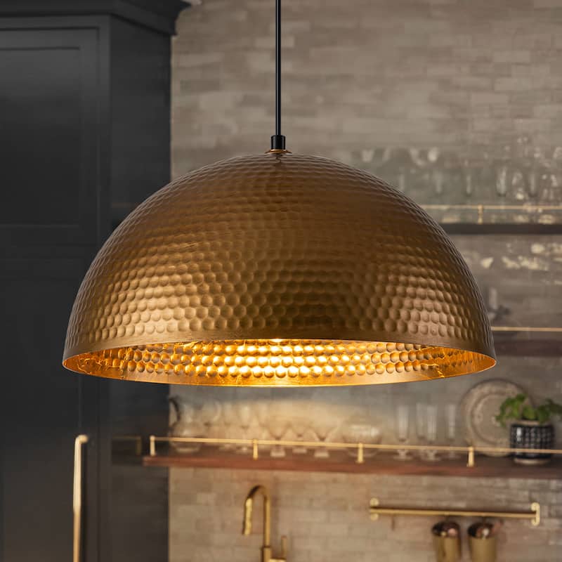 1-Light Modern Industrial Oversized Hammered Gold Leaf Dome Pendant Light for Kitchen Island - 15.7 in. - Antique Gold