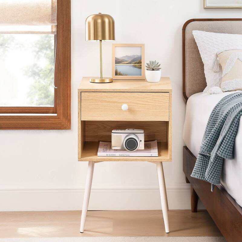 VECELO Nightstand Set of 2 Mid Century 1-Drawer Nightstand with Enclosed Open Shelf Multi-Color Options for Bedroom Living room