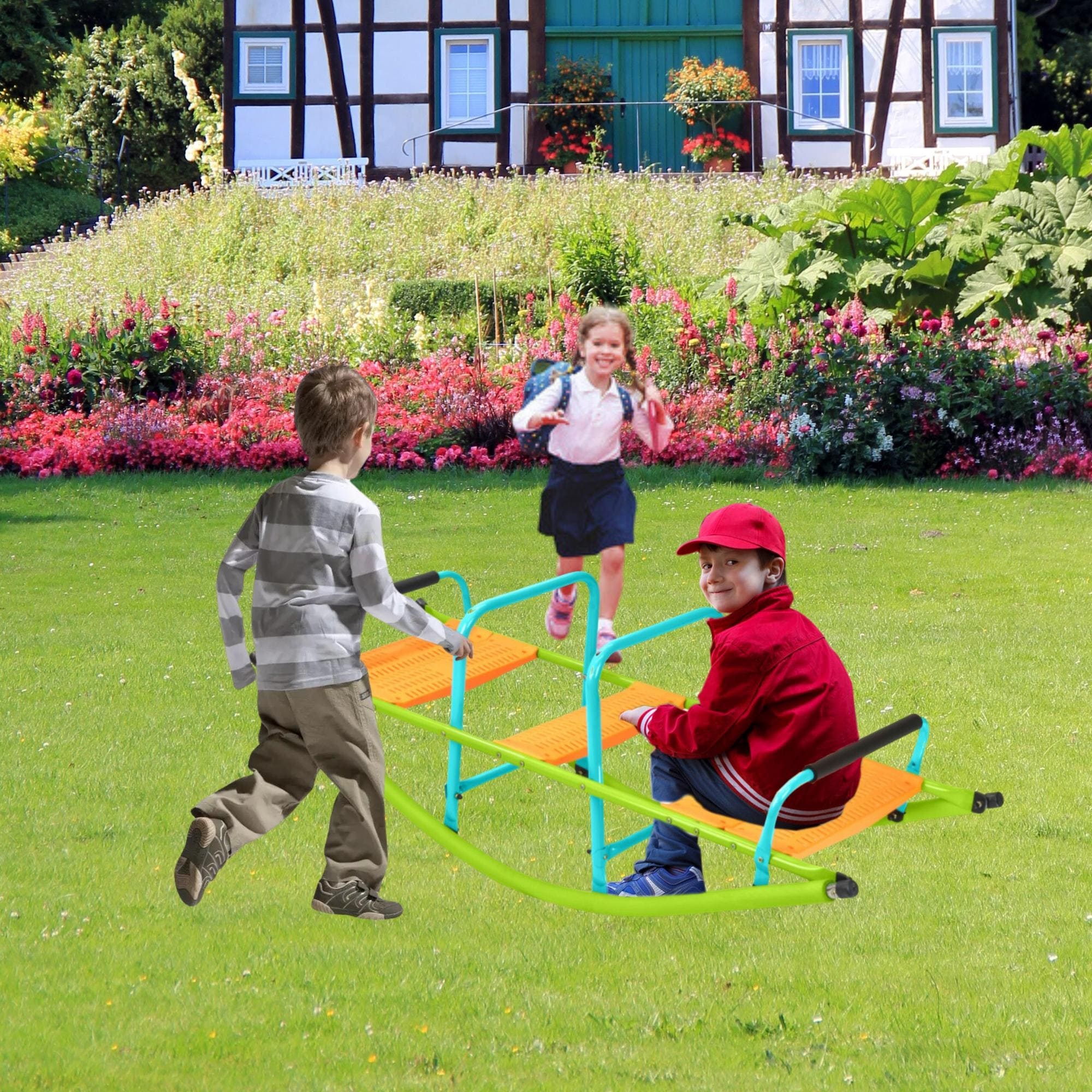 Plastic Seat Playground Equipment Cute Baby Plastic Rocker Outdoor Children Blue and Green Steel Tube for Kids Age 3+