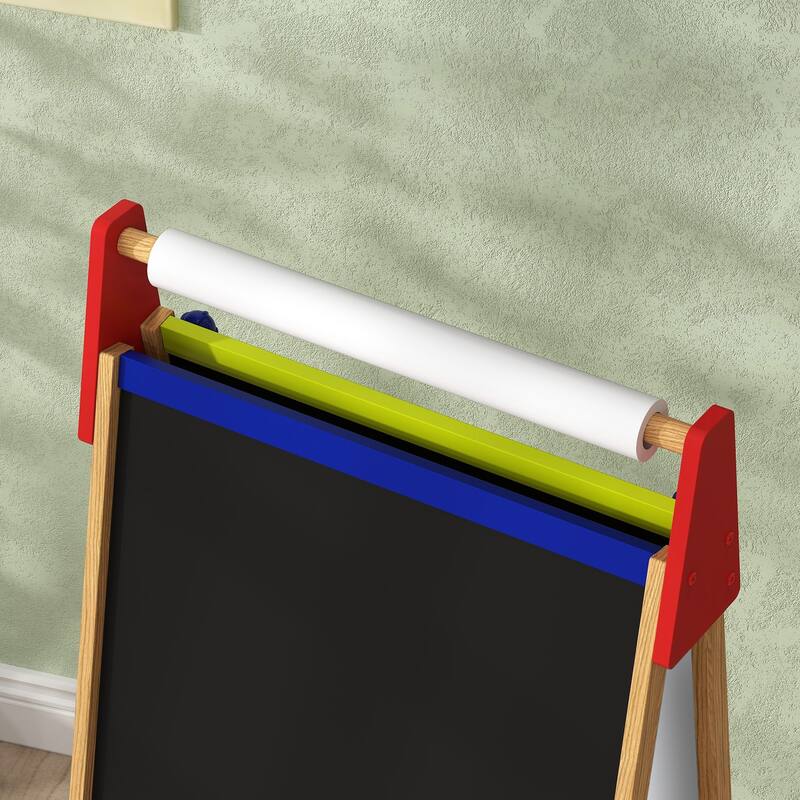 Adjustable Height Wooden Kids Art Easel with Whiteboard and Blackboard Paper Roll Storage Space - 24" W x 18.5" D x 44.5" H