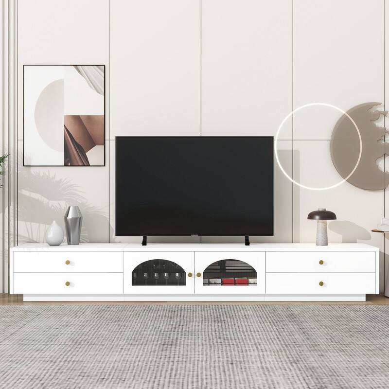 Luxurious 95" TV Stand with Fluted Glass Doors and Tempered Glass Shelves - White