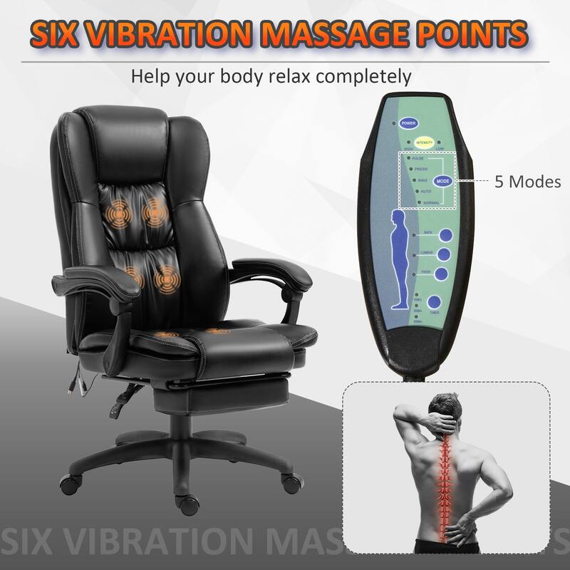 PU Leather Swivel High Back Massage Office Recliner Chair with 6-Point Vibration, Reclining Back, Retractable Footrest
