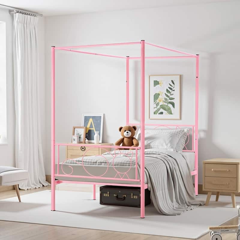 Pink Twin Canopy Bed Frame Metal Sturdy Four-Post Design with Under-Bed Storage Space