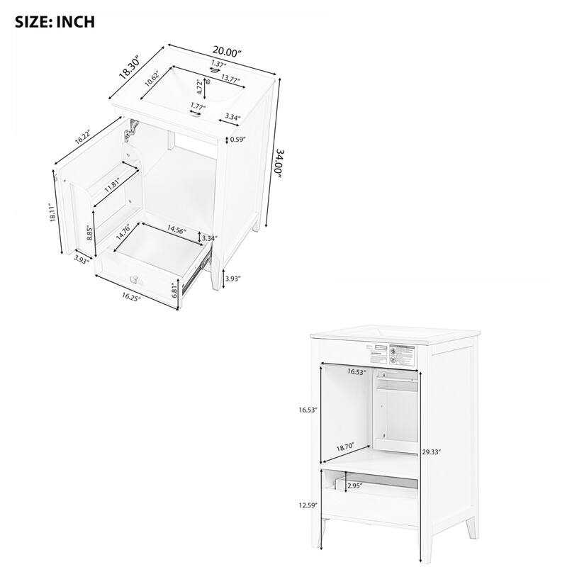 20" Bathroom Storage Vanity Cabinet with Ceramic Sink, Rack and Drawer