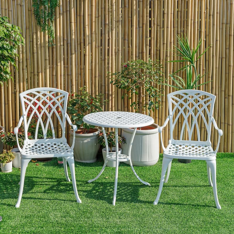 3-Piece Cast Aluminum Outdoor Bistro Set with LED Lights - 35" - White