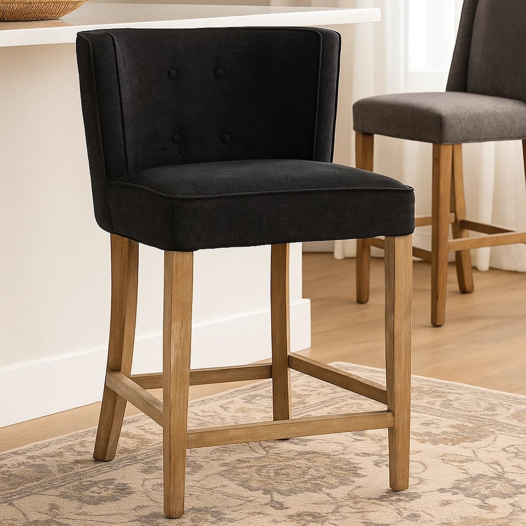 Cly Counter Stool Chair, Soft Dark Gray Fabric, Graywash Solid Wood