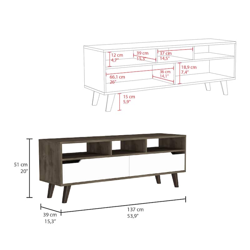 TV Stand 2.0 For TV´s up 52", Three Open Shelves,Two Drawers, Dark Brown / White Finish
