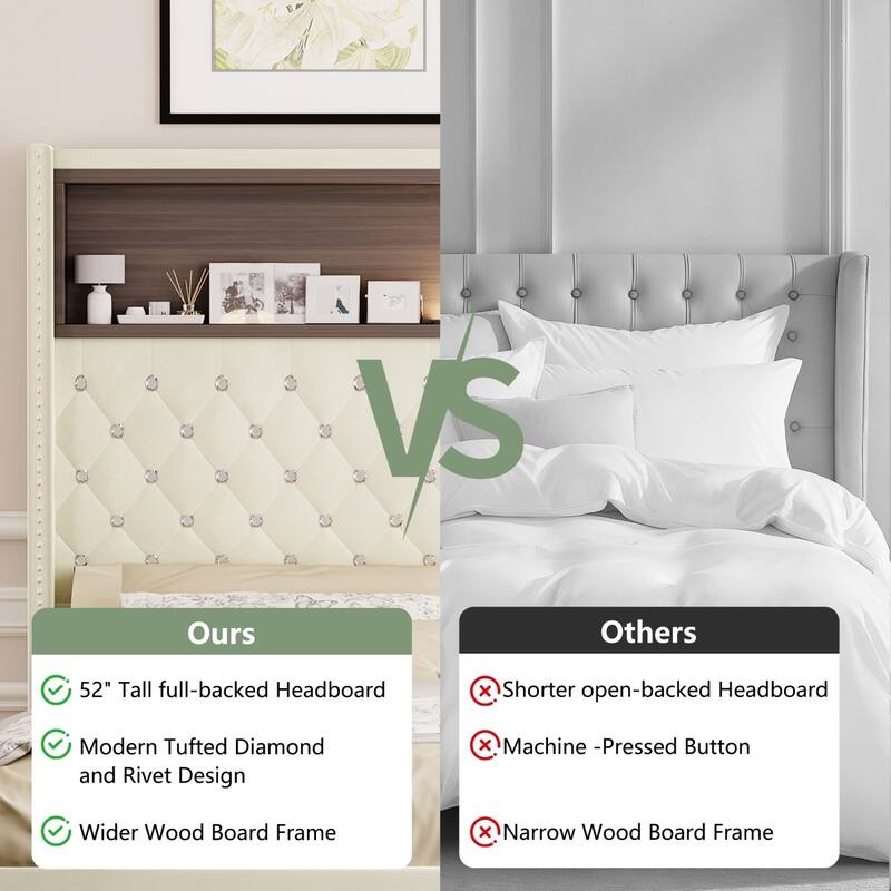 Velvet Tufted Platform Bed with USB Port and Night Light with 52'' High Headboard Shelf
