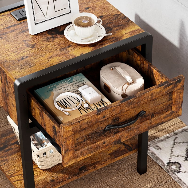 Round corner steel and wood bedside table - Brown