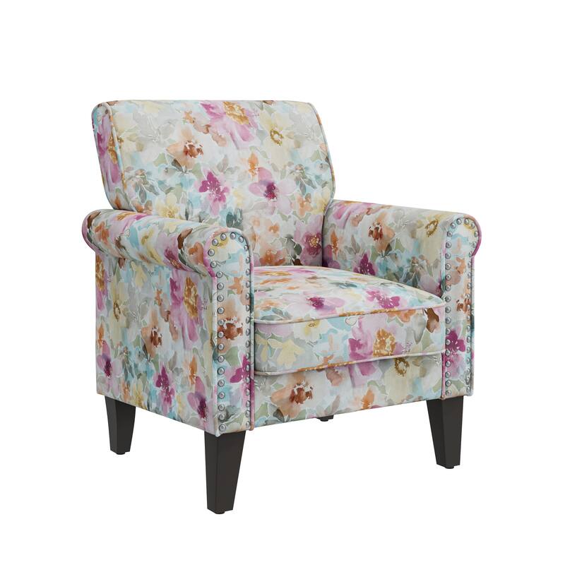 Herve Traditional Rolled Arm Accent Chair with Pewter Nailheads - Pink Floral