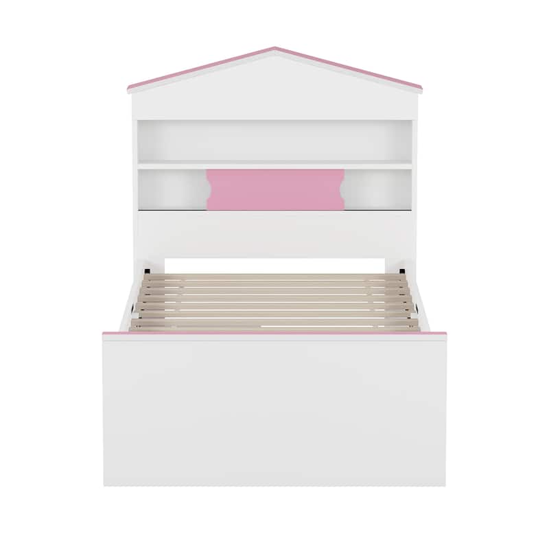 Playful House-Shaped Twin Bed with Storage Drawers and Headboard Shelf, Perfect for Kids' Bedrooms