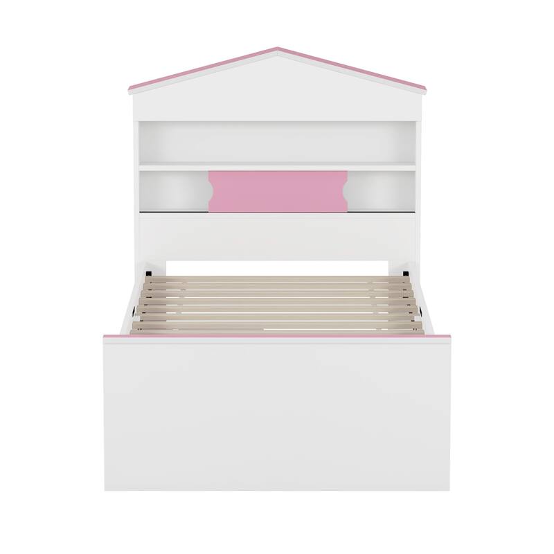 Twin Size Wood Platform Bed with Storage Shelf , Built-in Two Storage Drawers