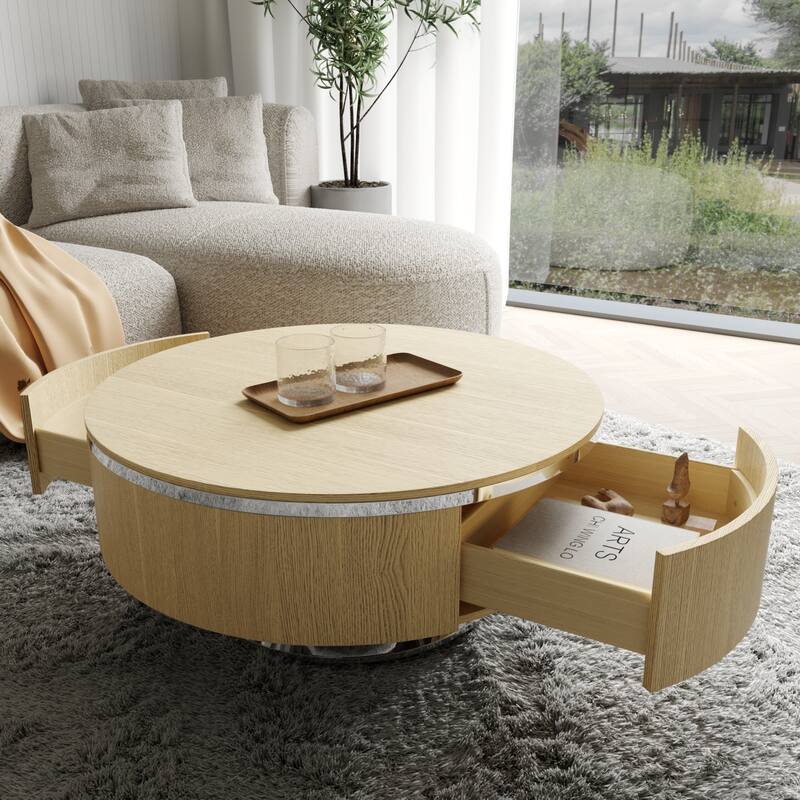 Nesting Coffee Table Set with End Table Round Coffee Table with 2 Storage Drawers