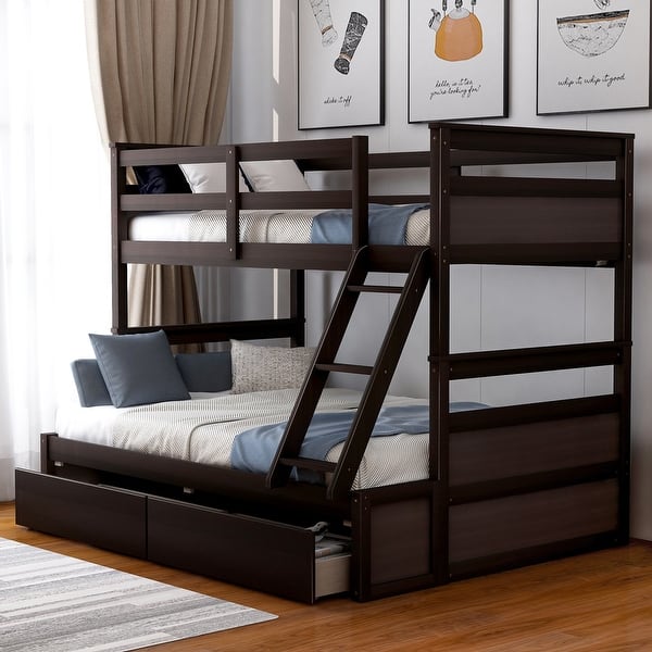 slide 2 of 9, Twin over Full Bunk Bed with Storage and 2-Drawer,Solid Pine Legs Brown