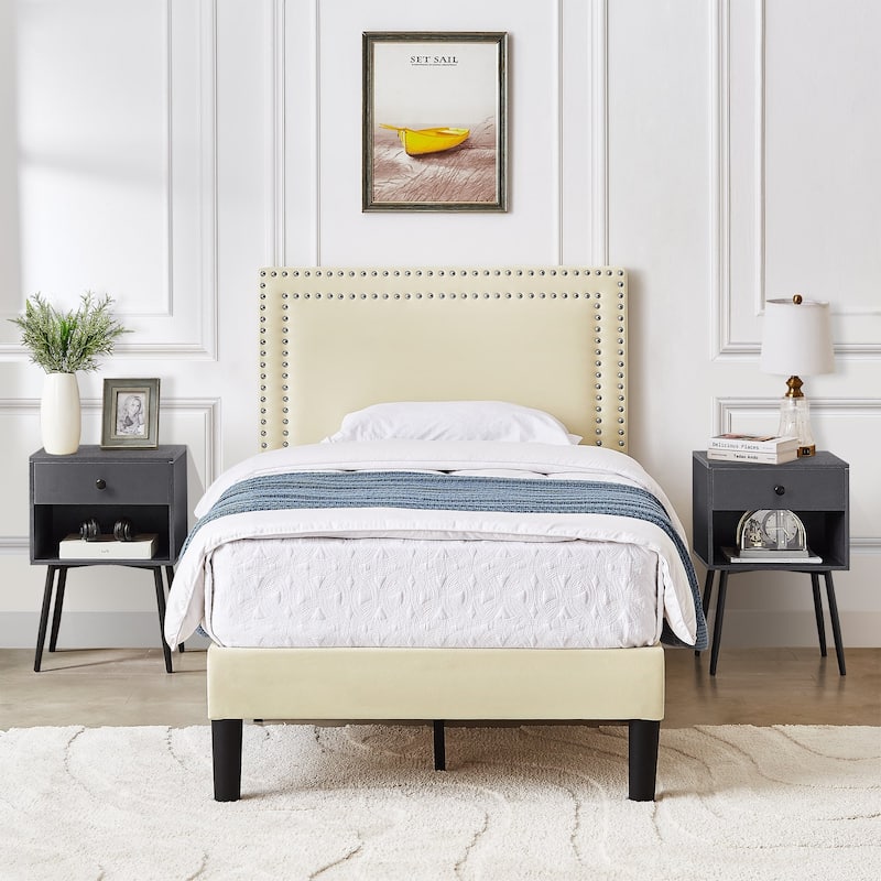 VECELO 3-Pieces Upholstered Platform Bed Frame with Adjustable Headboard and Nightstands Set of 2, Beige
