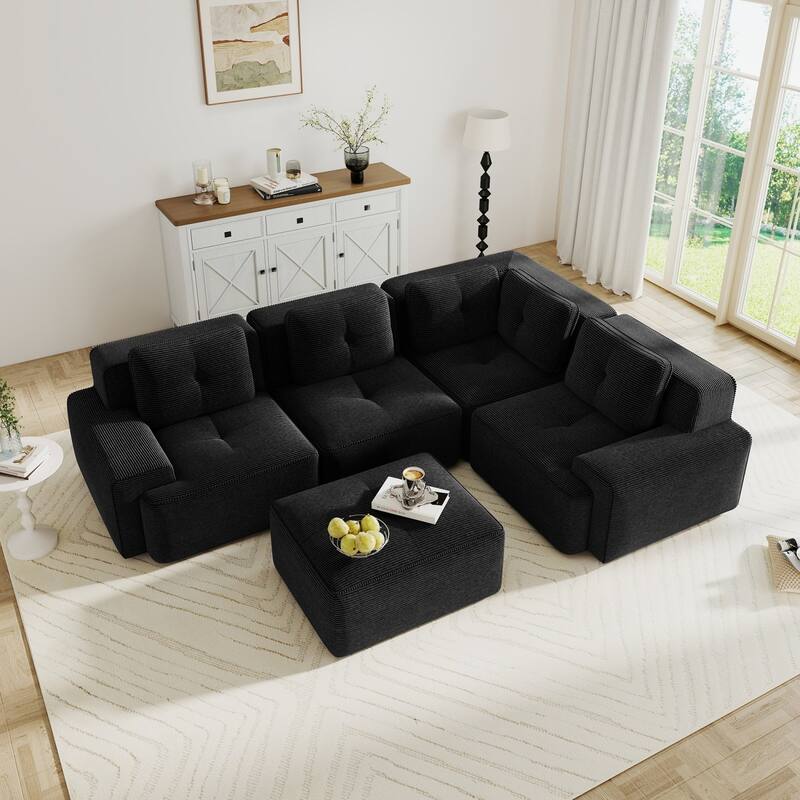116.1" Corduroy Sectional Sofa with Movable Ottoman - Black