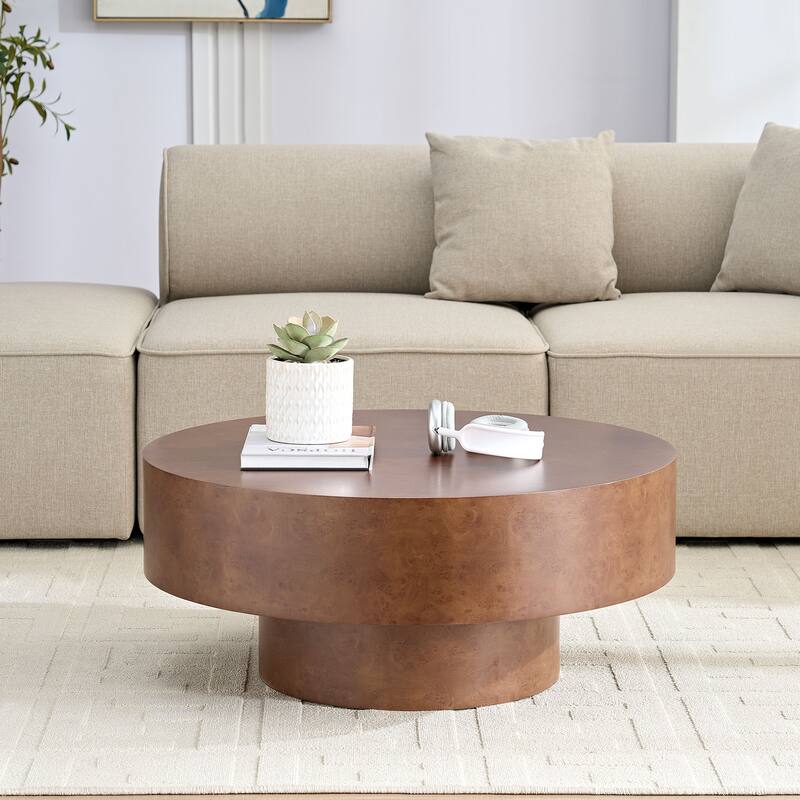 31.49" Faux Burl Wood Pattern Decal Coffee Table with Sturdy Pedestal, for Living Room Office Apartment Walnut
