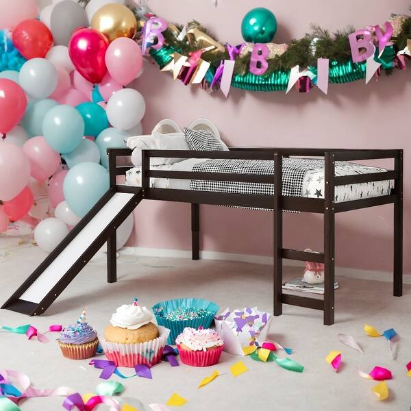 slide 2 of 9, Twin Size Multifunctional Design Loft Bed with Slide and Solid Wood For Bedroom,Dorm,Kids Espresso