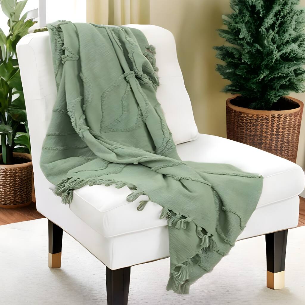 HomeRoots Green Woven 100% Woven Textured Cotton Throw Blanket