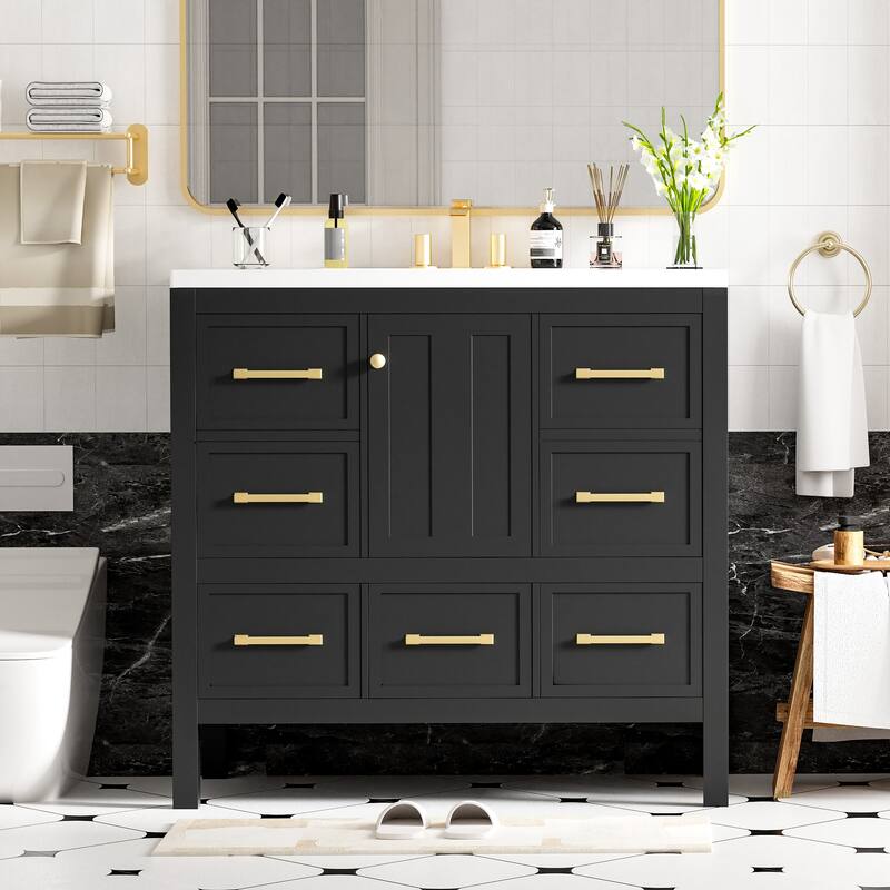 GDFStudio - Rivinia Modern Freestanding Bathroom Vanity Set with Resin Sink and 5 Drawers & Soft Closing Doors - 36'W - Black
