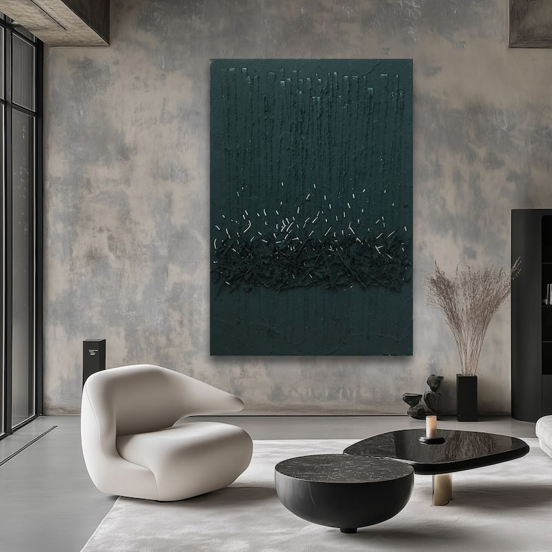 Teal Green Charcoal Hand Painted Abstract Modern Textured Canvas Art