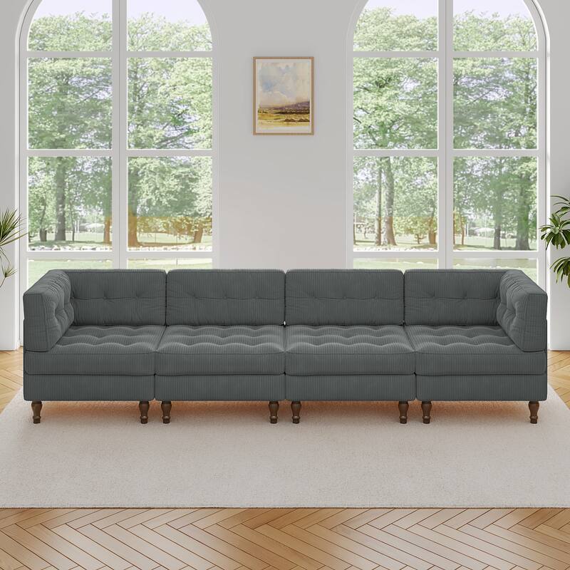 UIXE 4-Piece Corduroy Upholstered Modular Sectional Sofa for Living Room - Grey
